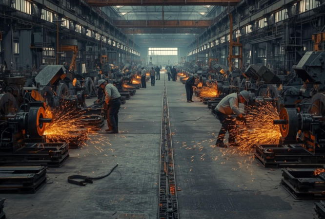 Metal and industrial production process with welding, machining and manufacturing operations in a factory environment