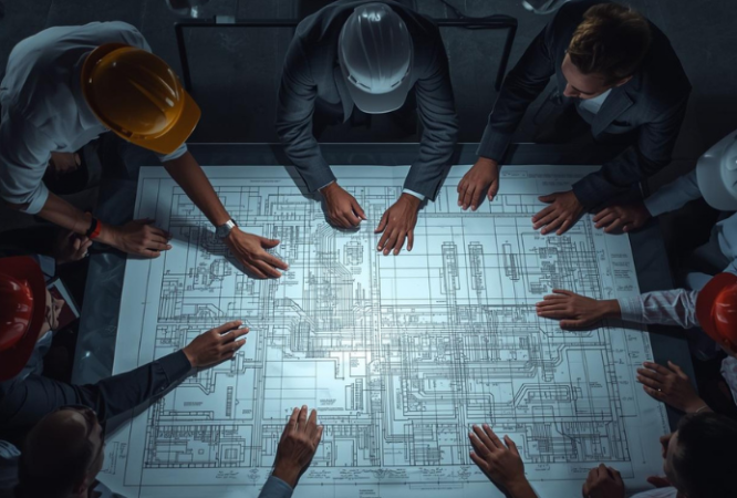 Industrial project management and consulting team reviewing engineering plans
