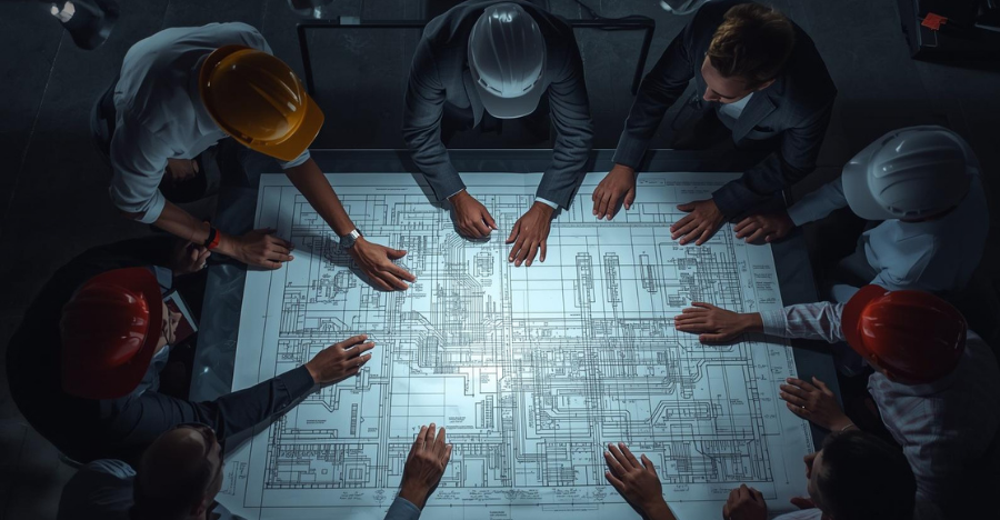 Industrial project management and consulting team reviewing engineering plans