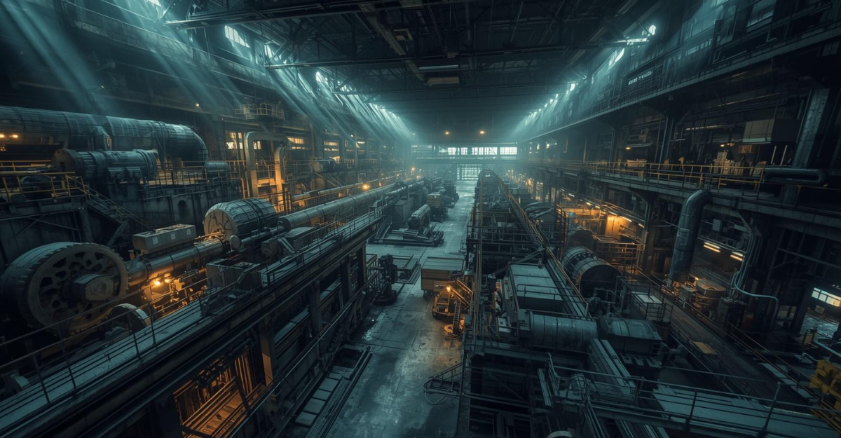 Industrial machinery and equipment supply process in a large factory with logistics and procurement operations
